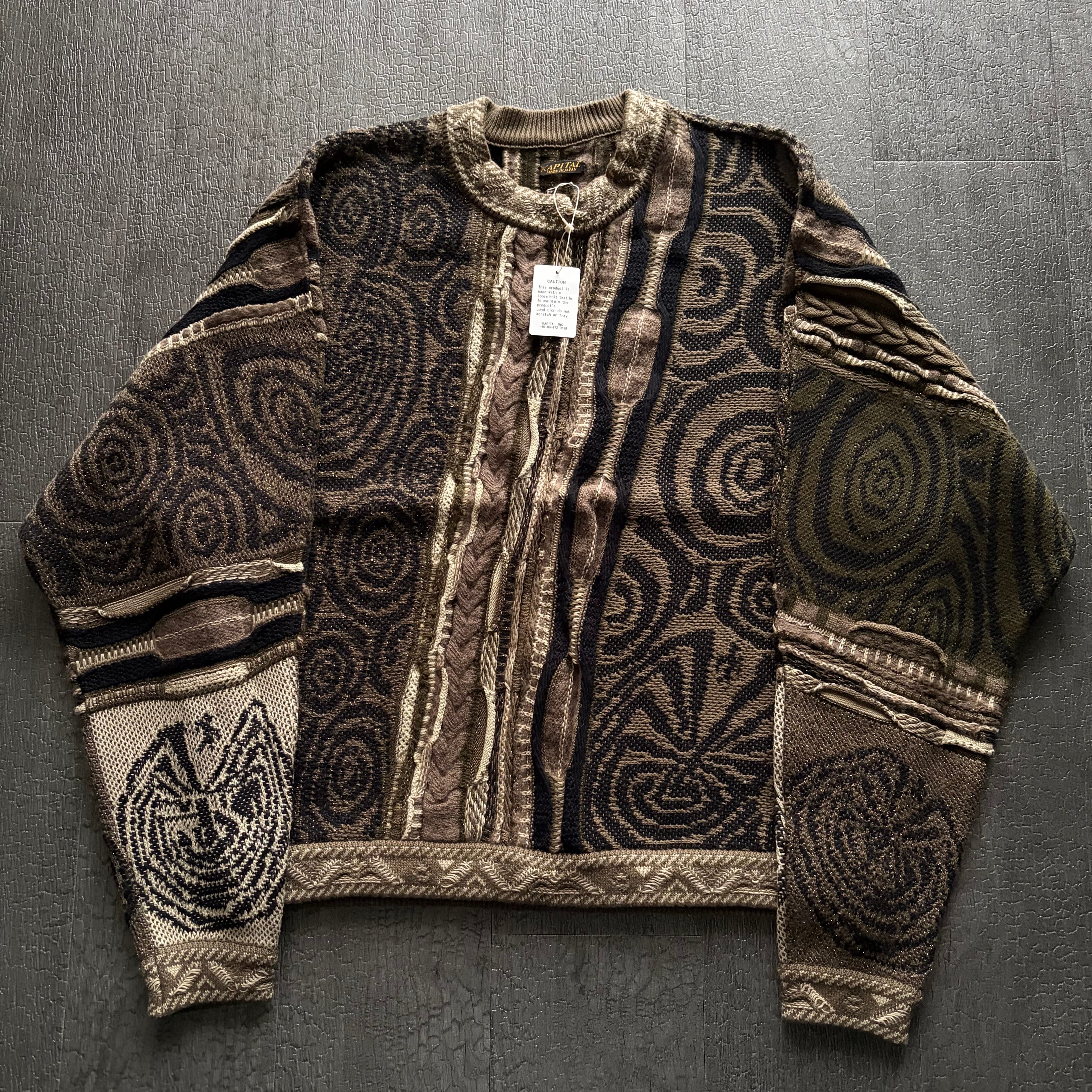 キャピタル 7G MAZE GAUDY Sweater 総柄クルーネックニット長袖セーター オリーブ K1912KN176