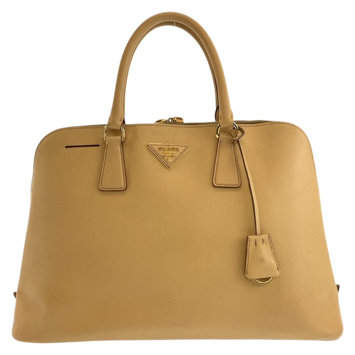 PRADA プラダ サフィアーノ 三角ロゴプレート ベージュ ゴールド金具 レザー ハンドバッグ トートバッグ 602917 【中古】