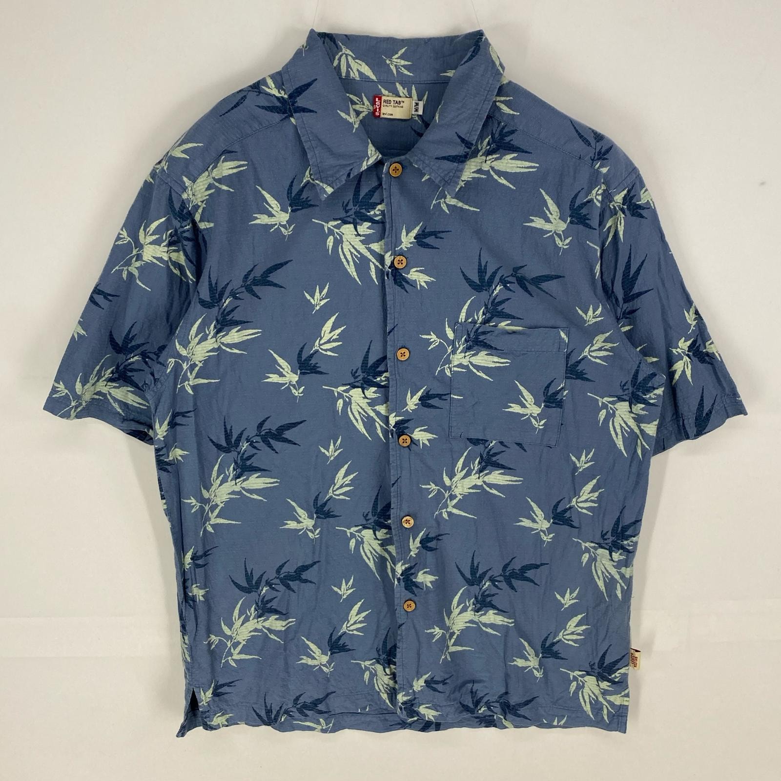 古着 リーバイス Levi's シアサッカー 半袖シャツ アロハ 胸ポケット レッドタブ ショートスリーブ M  ブルー系 総柄 メンズ