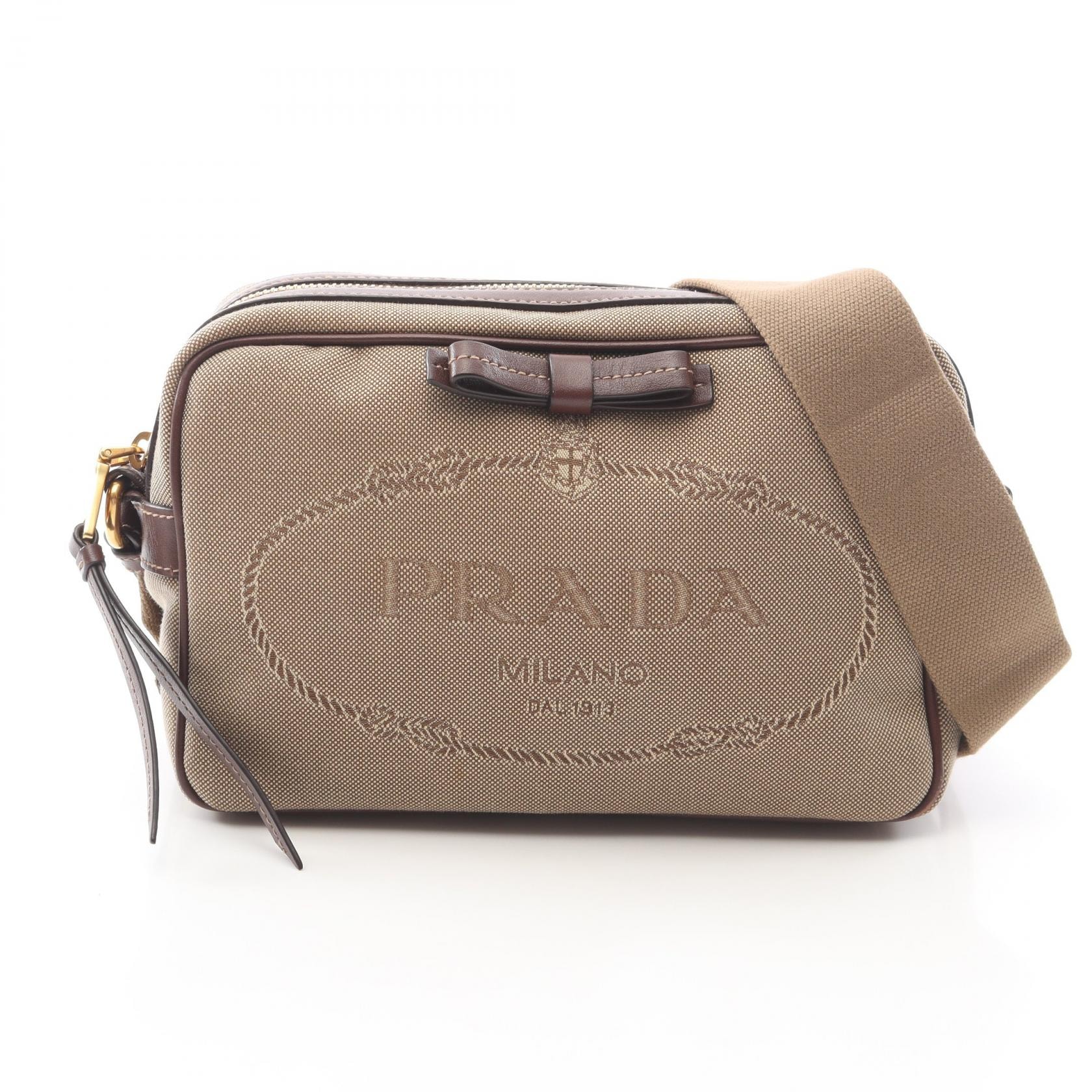 プラダ PRADA LOGO JACQUARD ロゴジャガード ショルダーバッグ バッグ キャンバス レザー レディース ベージュ系 / ブラウン系 【中古】