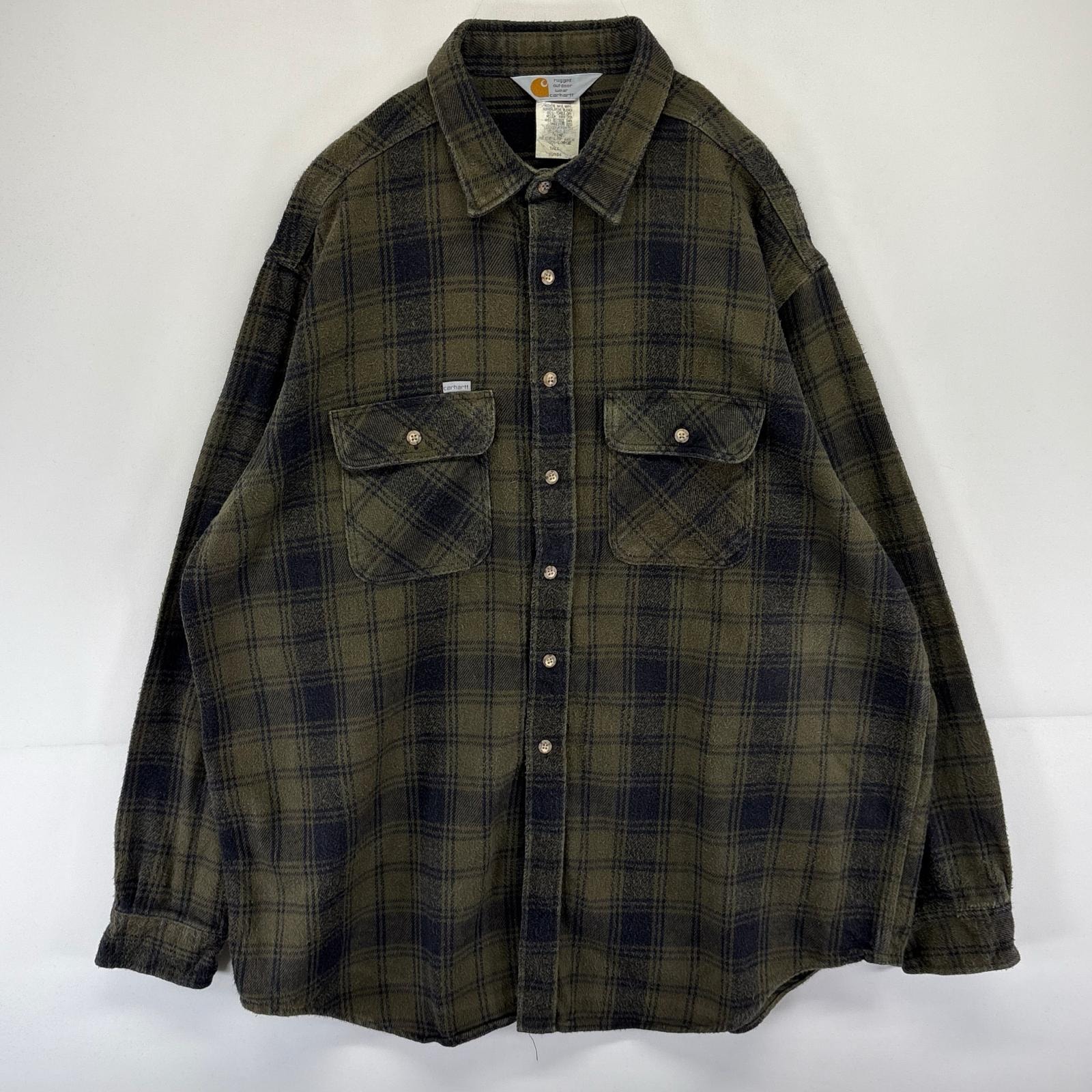 古着 カーハート Carhartt USA製 長袖シャツ ネルシャツ シャモアシャツ 大きいサイズ チェック 2XL  グリーン系 メンズ