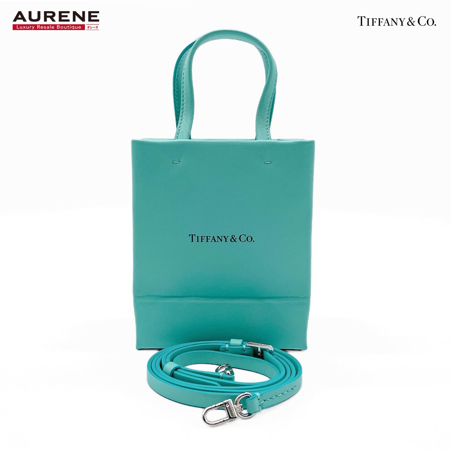 TIFFANY&Co. ティファニー ショッピングトート ミニ 2WAY ハンドバッグ
 ロゴ レザー ブルー ユニセックス
 【中古】