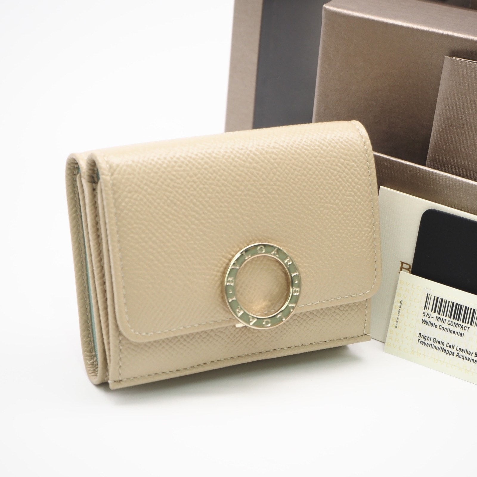 極美品 BVLGARI ブルガリ レザー ブルガリブルガリ コンパクトウォレット 293706 三つ折り財布 ベージュ グレインカーフレザー レディース