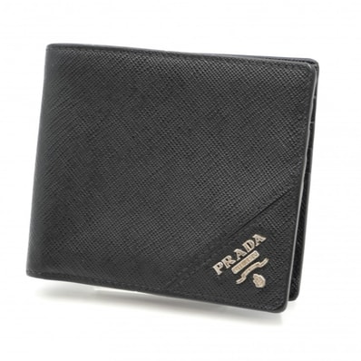 PRADA(プラダ)サフィアーノ 二つ折り財布 コンパクトウォレット ブラック レザー シルバーロゴ メンズ 【中古】