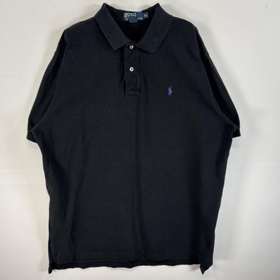 古着 90's/90年代 ポロバイラルフローレン Polo by Ralph Lauren 鹿の子 半袖 ポロシャツ ロゴ 刺繍 2ボタン 大きいサイズ XL ブラック 無地 メンズ