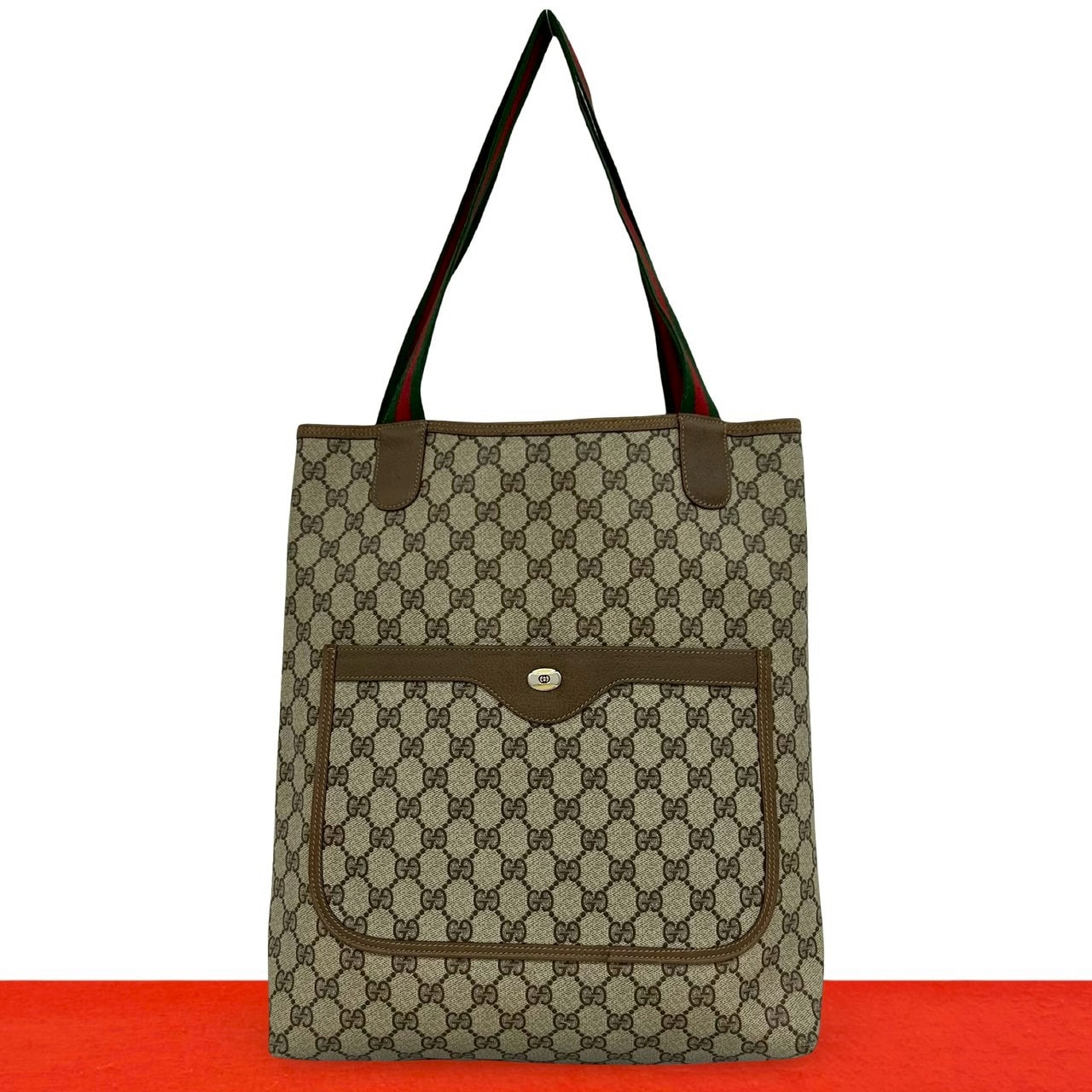 GUCCI グッチ シェリーライン GG ロゴ 金具 レザー PVC トートバッグ ブラウン
 74342