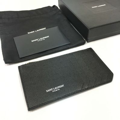 Saint Laurent Fragments Zipped Card Case In Grain De Poudre Embossed Leather "Black"