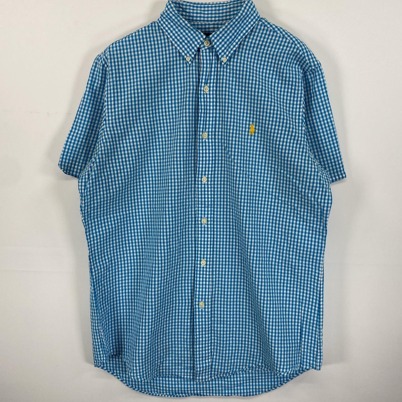 古着 ラルフローレン RALPH LAUREN シアサッカー 半袖シャツ ワンポイントロゴ刺繍 ギンガムチェック M  ブルー系 チェック メンズ