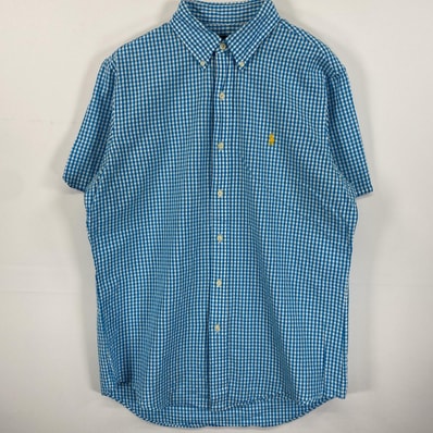 古着 ラルフローレン RALPH LAUREN シアサッカー 半袖シャツ ワンポイントロゴ刺繍 ギンガムチェック M ブルー系 チェック メンズ