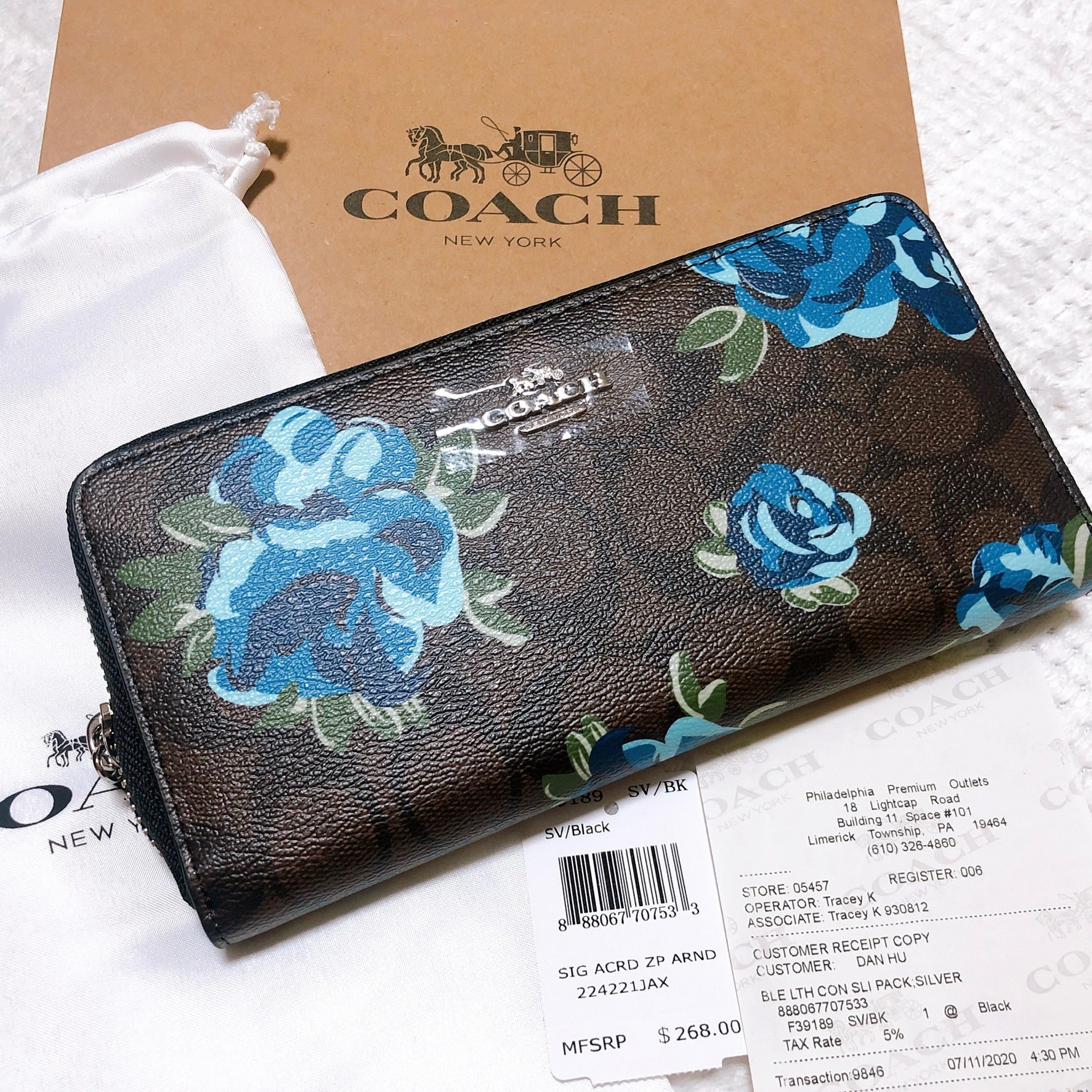 COACH  Flower Zip Around Wallet "Brown/Black"