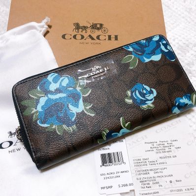 COACH Flower Zip Around Wallet "Brown/Black"