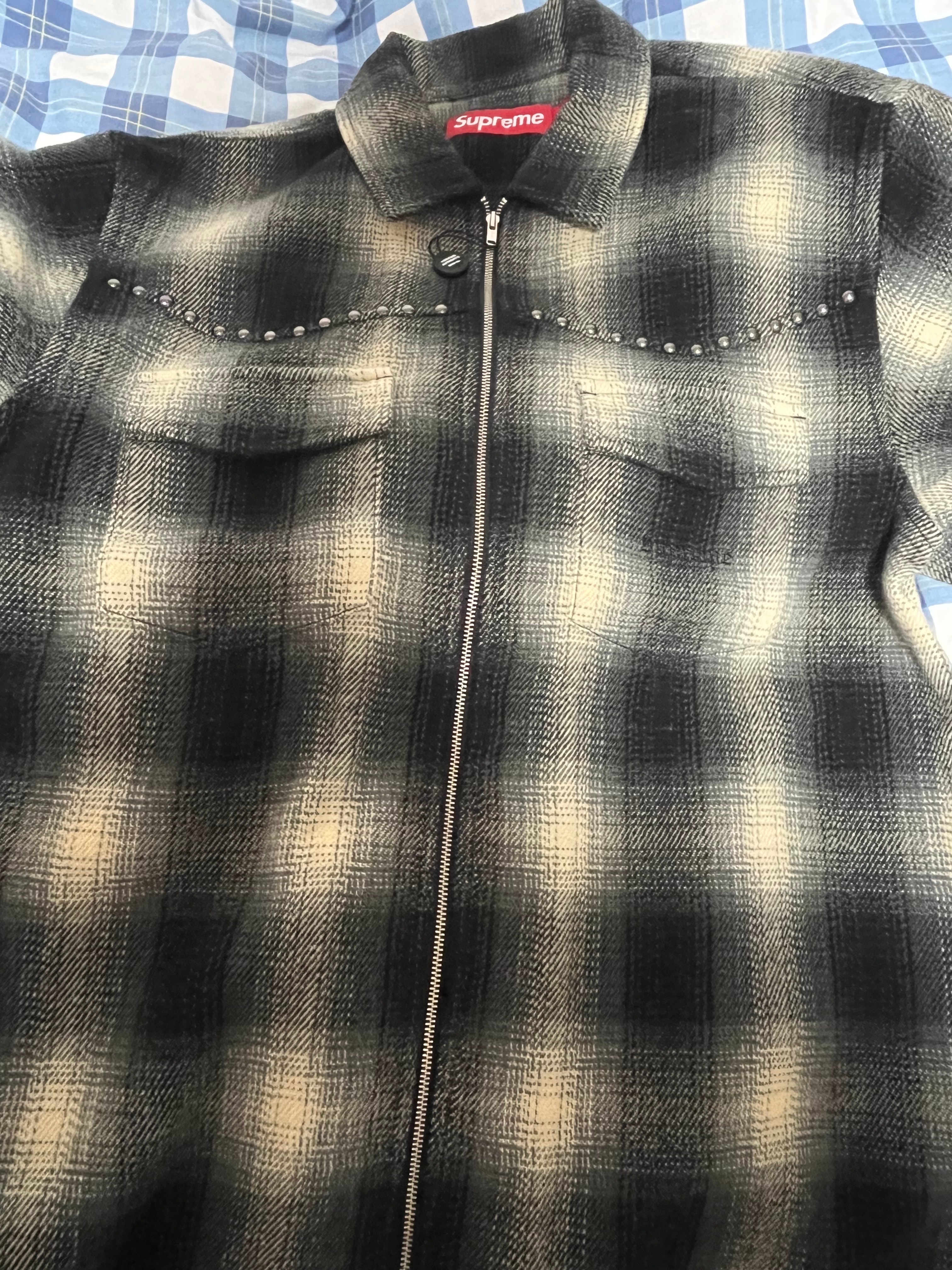 Supreme Studded Shadow Plaid Zip Up Shirt "Black"
