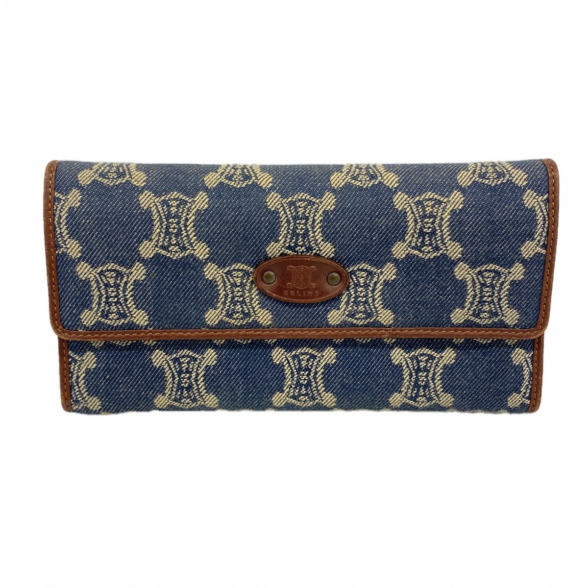 【6dd4946】セリーヌ 長財布 マカダム デニム ブルー ブラウン ゴールド金具【中古】レディース