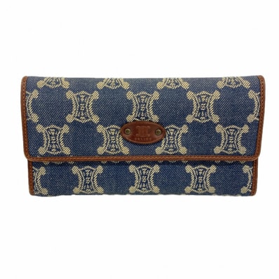 【6dd4946】セリーヌ 長財布 マカダム デニム ブルー ブラウン ゴールド金具【中古】レディース