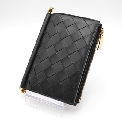 BOTTEGA VENETA(ボッテガ・ヴェネタ)ソルスティス ミディアム 二つ折りウォレット 財布 イントレチャート ブラック レザー ゴールド金具 カードケース 小銭入れ レディース【中古】