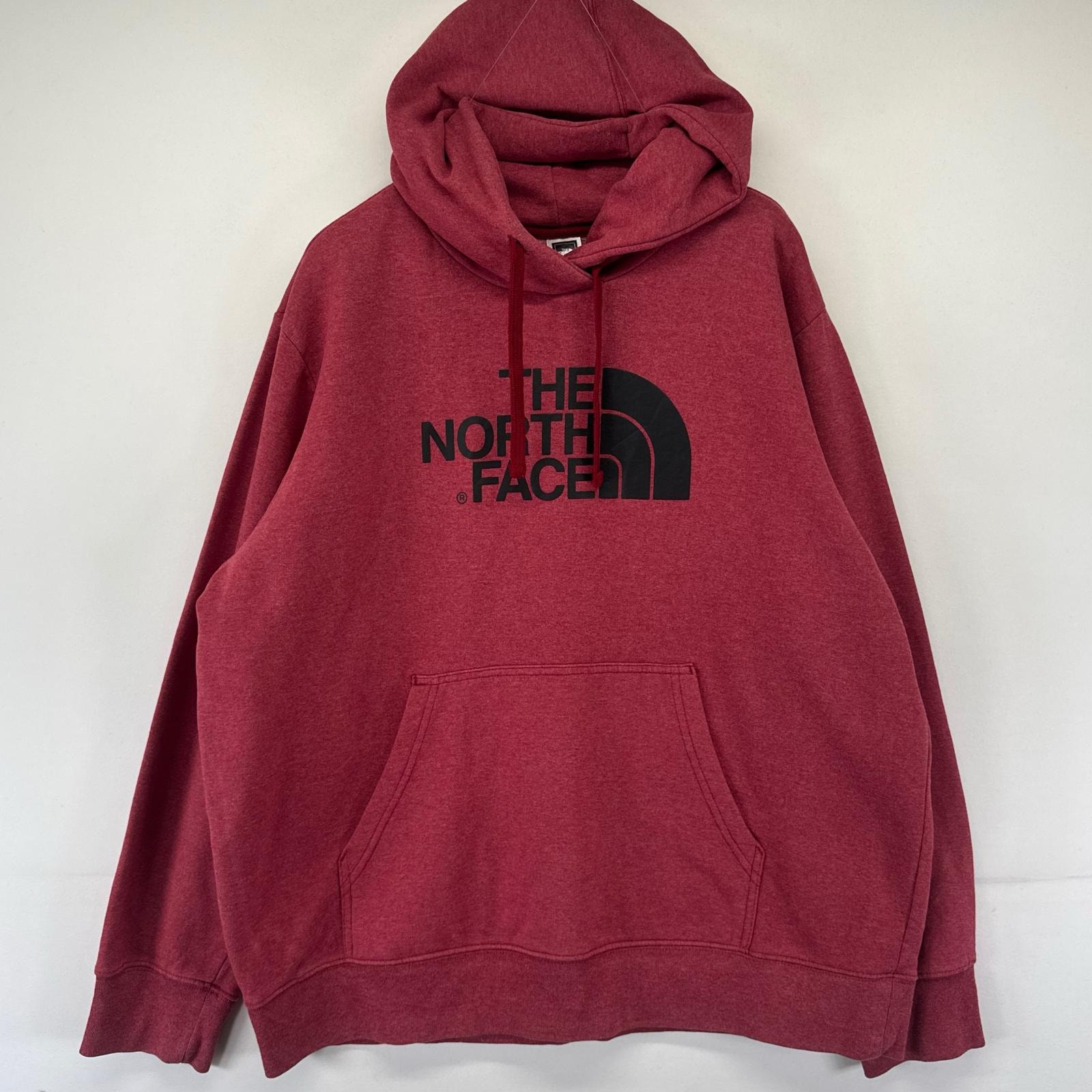 古着 ザ・ノースフェイス THE NORTH FACE スウェット プリントロゴ フーディ パーカー 大きいサイズ 2XL  レッド系 メンズ