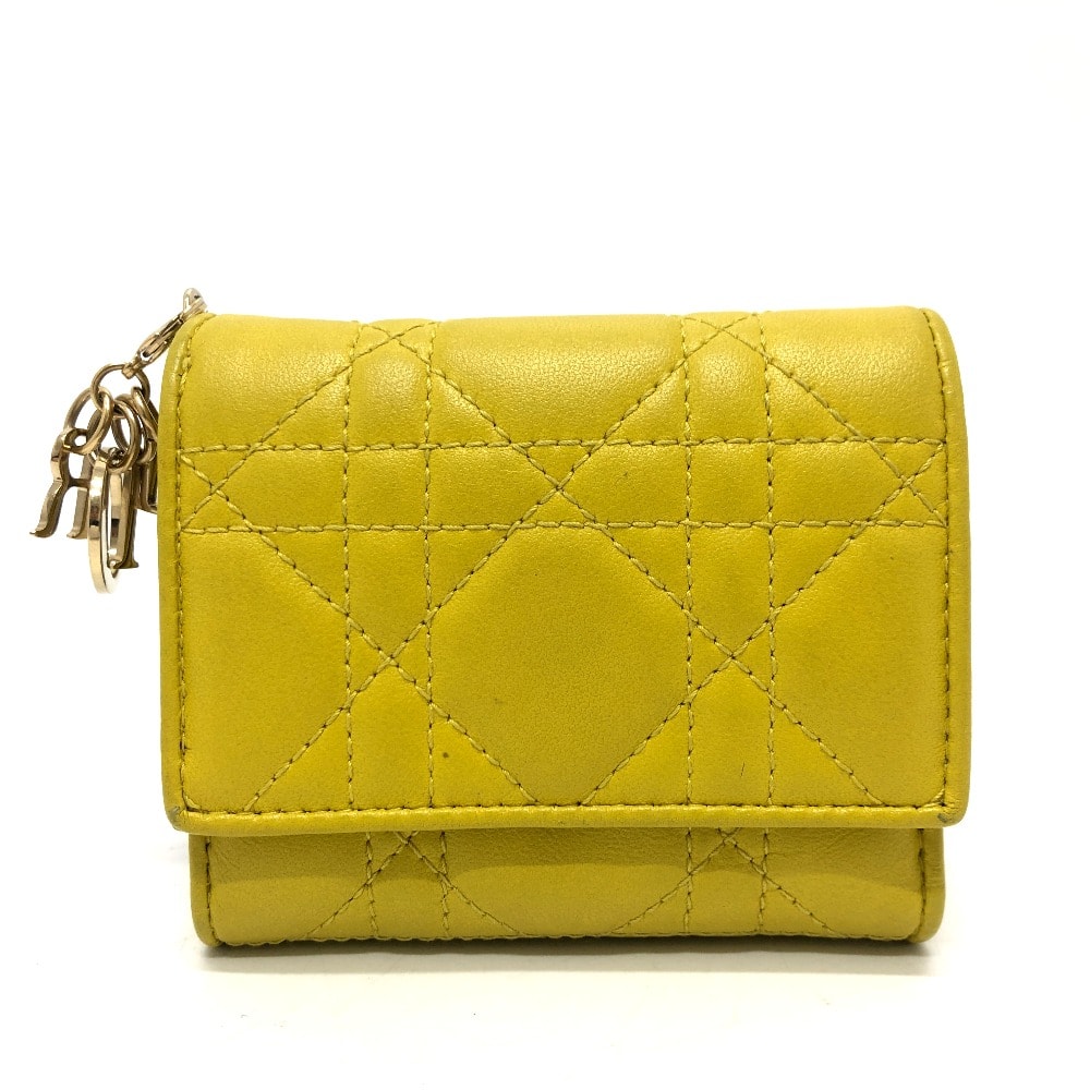 ディオール Dior レディディオール カナージュ ロータスウォレット コンパクトウォレット 財布 ウォレット 3つ折り財布 レザー イエロー ゴールド金具