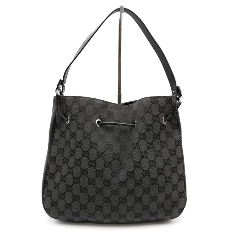 GUCCI(グッチ)GGキャンバス ヴィンテージ ドローストリング ショルダーバッグ ワンショルダー ブラック レザー シルバー金具 レディース【中古】