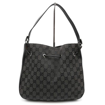 GUCCI(グッチ)GGキャンバス ヴィンテージ ドローストリング ショルダーバッグ ワンショルダー ブラック レザー シルバー金具 レディース【中古】