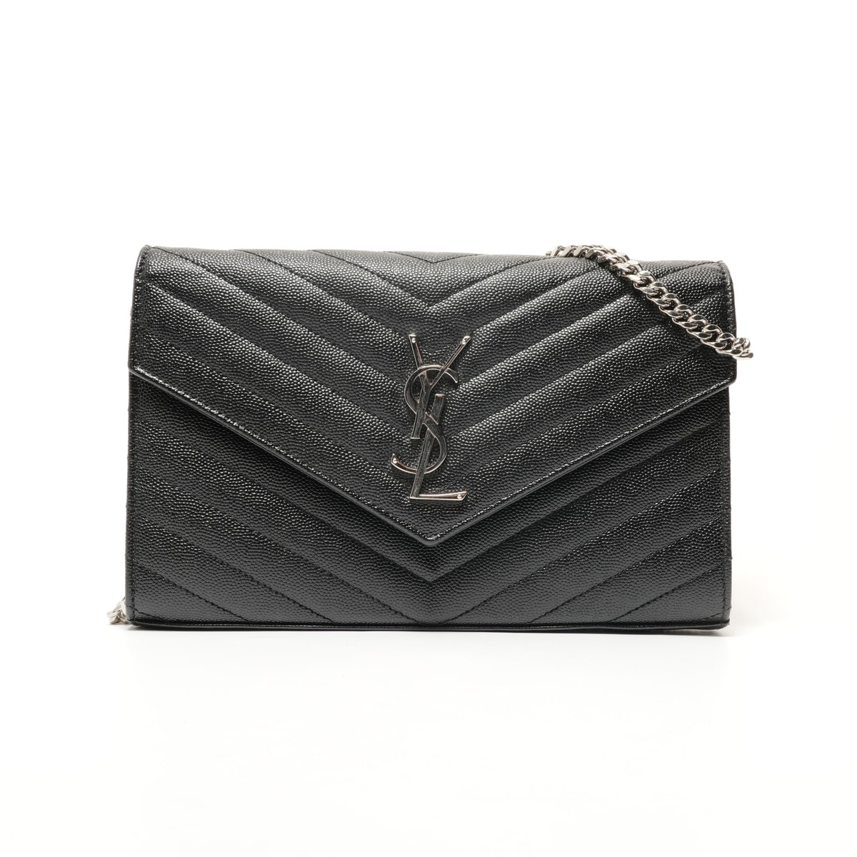 イヴ・サンローラン YSL チェーンウォレット カサンドラ レザー Vステッチ ショルダーバッグ【中古】