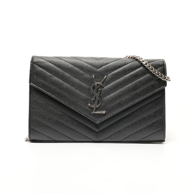 イヴ・サンローラン YSL チェーンウォレット カサンドラ レザー Vステッチ ショルダーバッグ【中古】