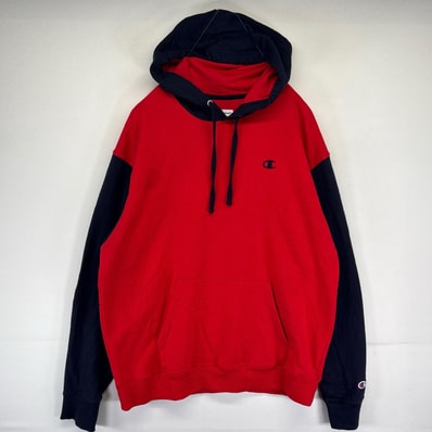 古着 チャンピオン Champion パーカー トレーナー ワンポイント刺繍ロゴ 大きいサイズ XL レッド系 ツートン メンズ
