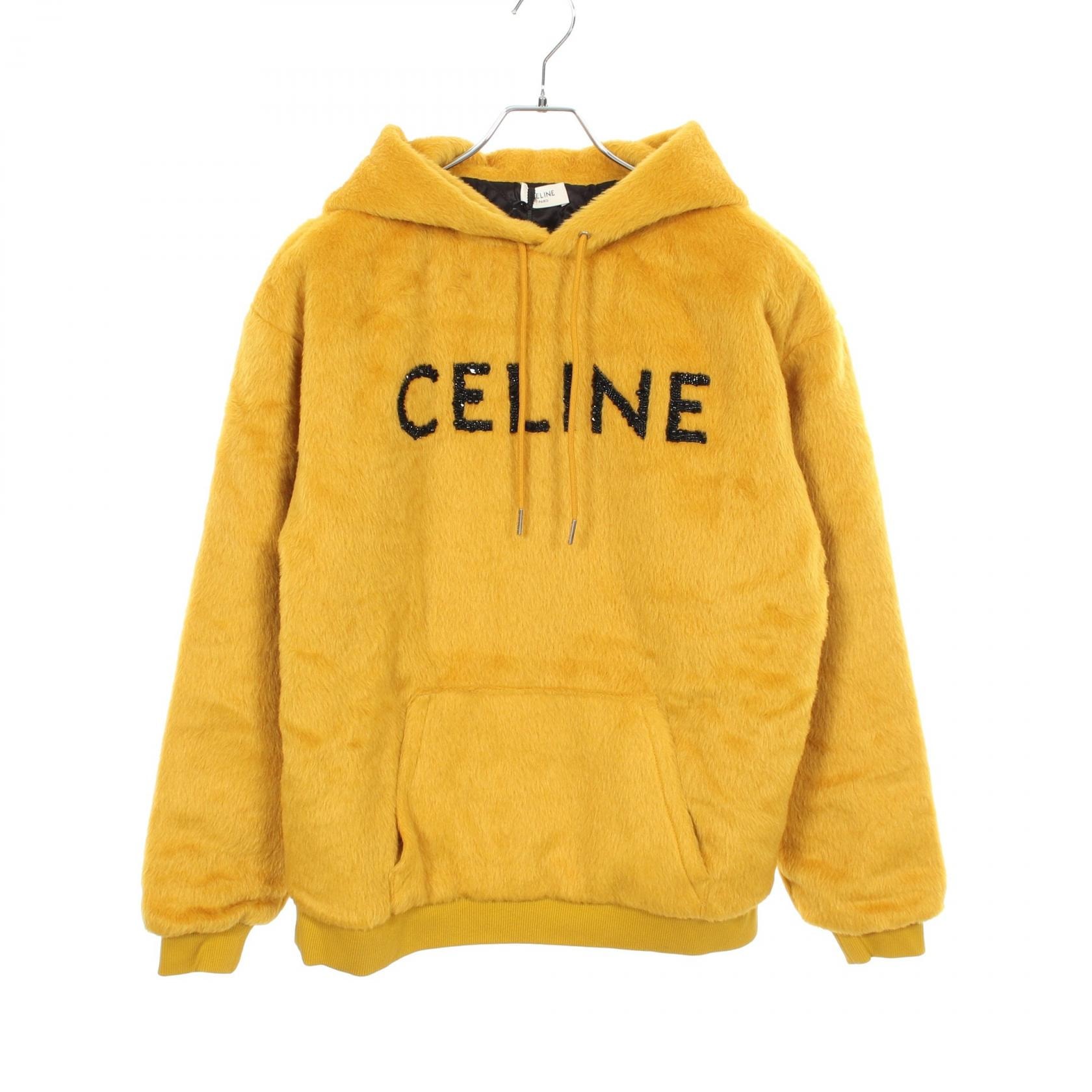 セリーヌ CELINE ファジーウール ルーズフィット フーディー ビーズロゴ パーカー 衣料品 トップス ウール アルパカ メンズ イエロー系 2Y964925R 【中古】