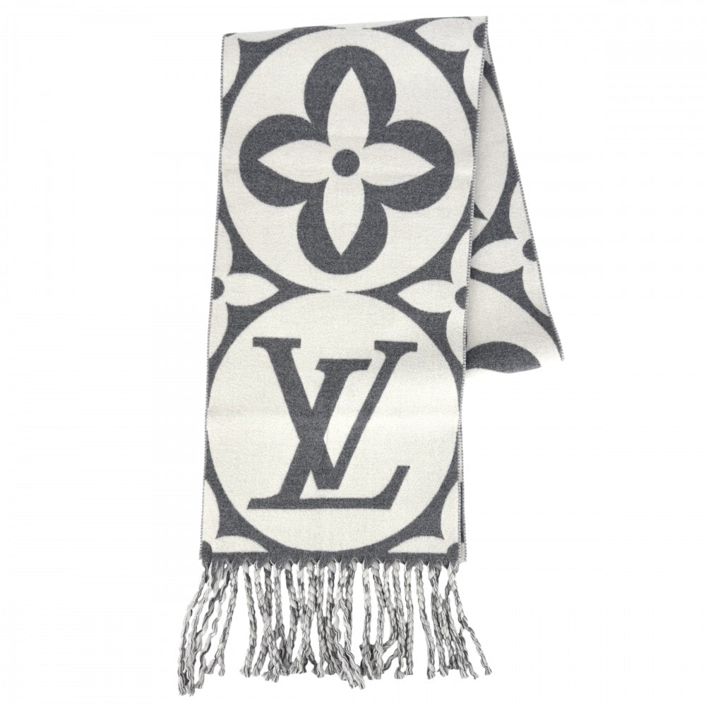 LOUIS VUITTON ルイヴィトン マフラー モノグラムフラワー LV メダリオン 小物 防寒具 グレー ホワイト M92857 ウール    グリ・クレール レディース 冬 美品【中古品】