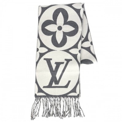 LOUIS VUITTON ルイヴィトン マフラー モノグラムフラワー LV メダリオン 小物 防寒具 グレー ホワイト M92857 ウール グリ・クレール レディース 冬 美品【中古品】