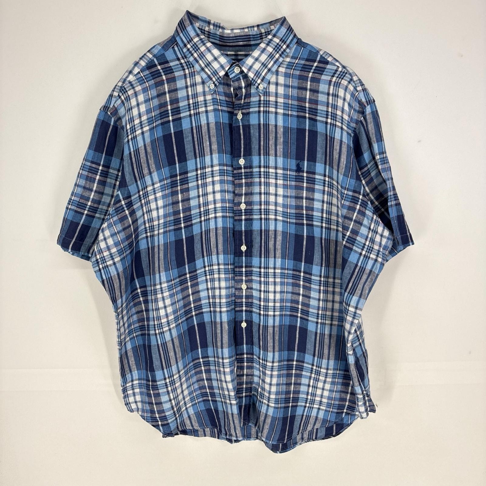古着 ラルフローレン RALPH LAUREN 半袖シャツ 刺繍ロゴ ショートスリーブ 大きいサイズ 2XL  ブルー系 チェック メンズ