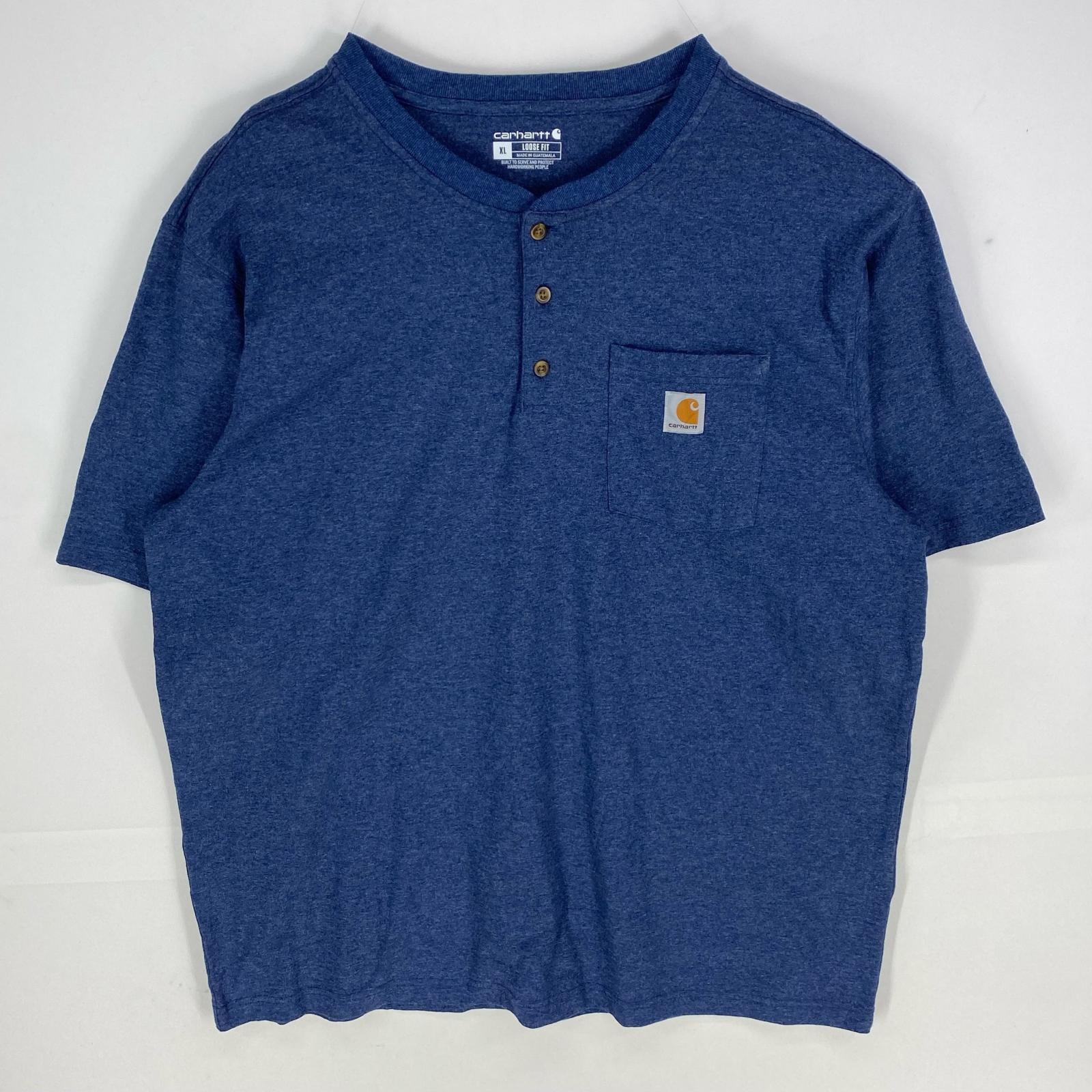 古着 カーハート Carhartt 半袖Tシャツ ワンポイント 胸ポケット ショートスリーブ ヘンリーネック XL  ブルー系 メンズ