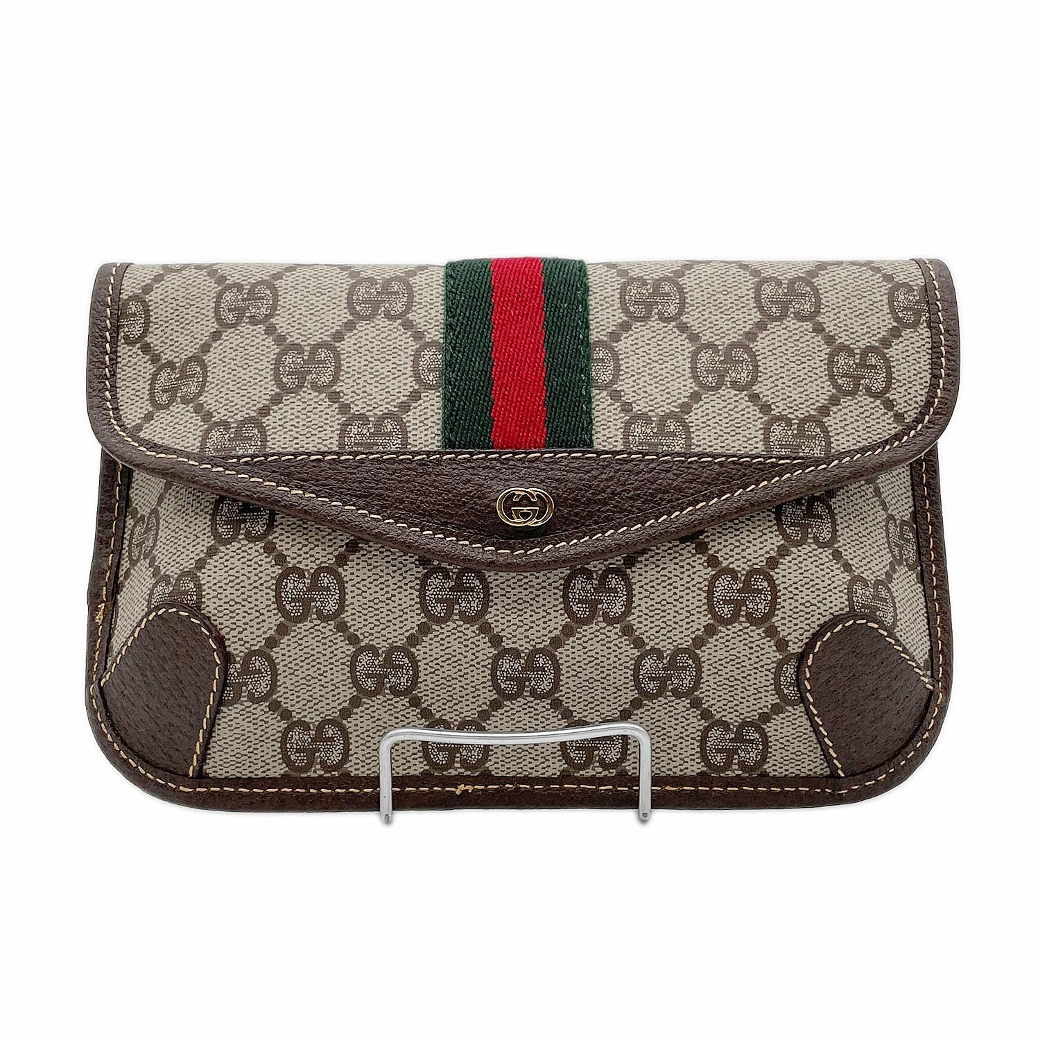 GUCCI グッチ エンベロープ GGスプリーム オールドグッチ ポーチ 小物入れ ケース シェリー PVCコーティングキャンバス レザー ブラウン レディース 【中古】