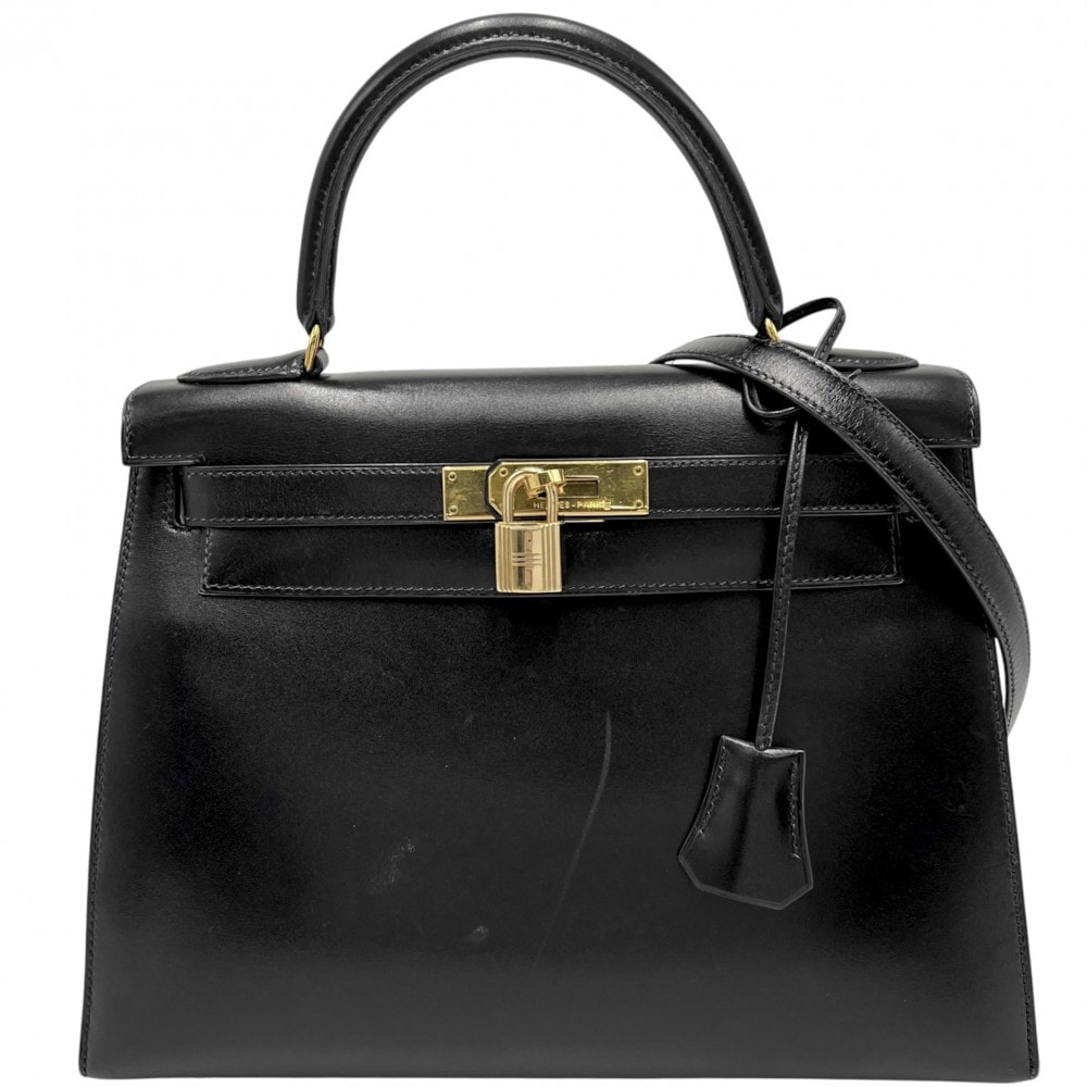 HERMES エルメス 2WAY ケリー28 外縫い ハンドバッグ 肩掛け ショルダーバッグ 〇U刻印 ボックスカーフ    ブラック 黒 ゴールド金具 レディース 1991年【中古品】