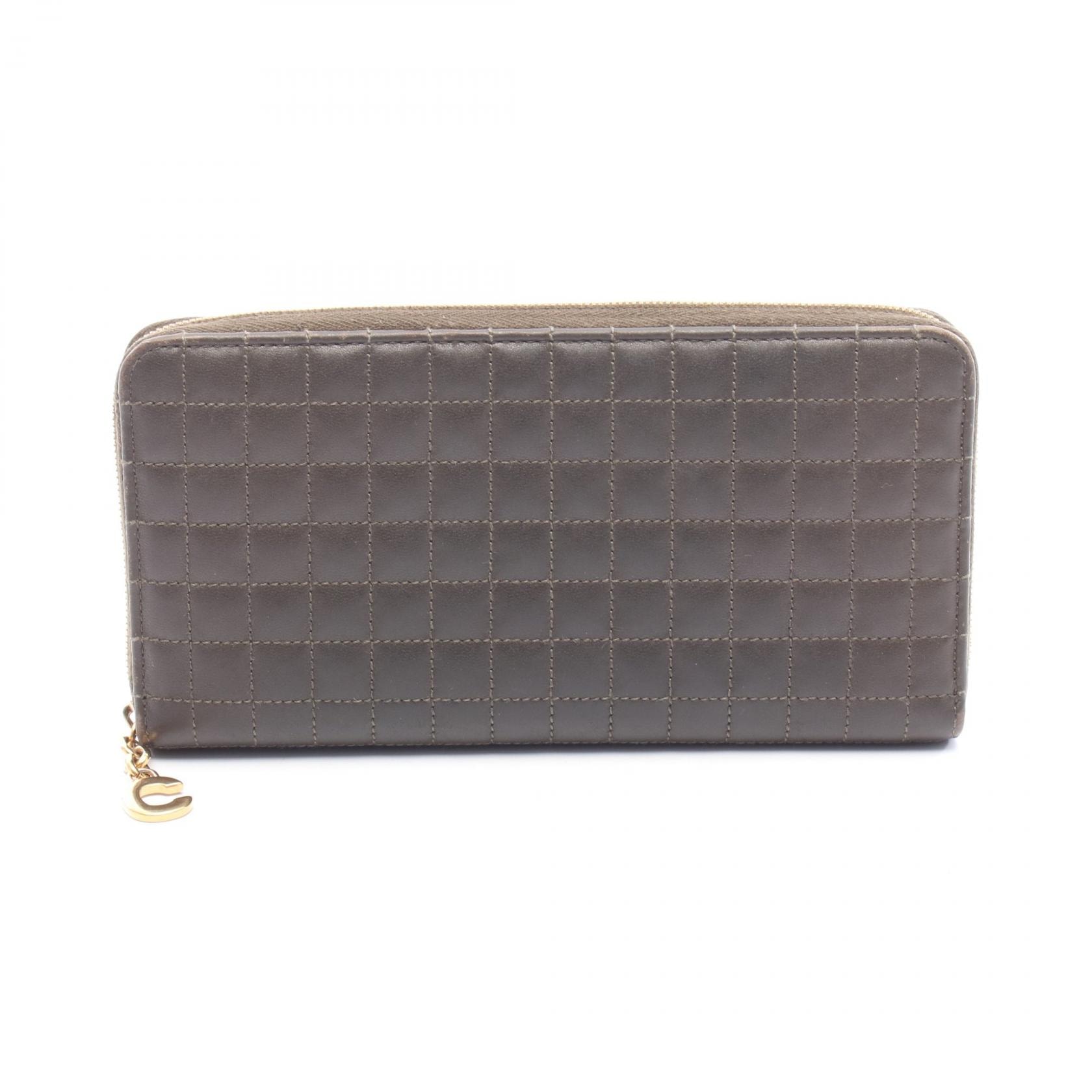 セリーヌ CELINE Cチャーム ラージジップドウォレット ラウンド長財布 財布 レザー レディース カーキ系 SAT4118 【中古】