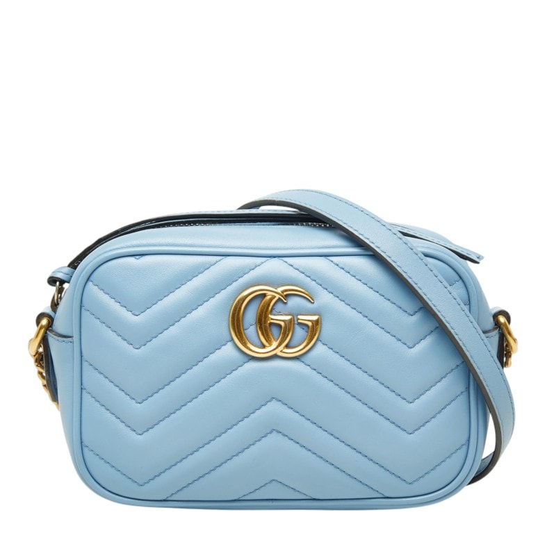 グッチ GGマーモント キルティング カメラバッグ 斜め掛け ショルダーバッグ 448065 ライトブルー レザー レディース GUCCI 中古