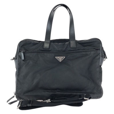 PRADA プラダ テスート サフィアーノ 三角ロゴプレート ブラック 黒 シルバー金具 ナイロン レザー/ ビジネスバッグ ブリーフケース ショルダーバッグ 601288 【中古】