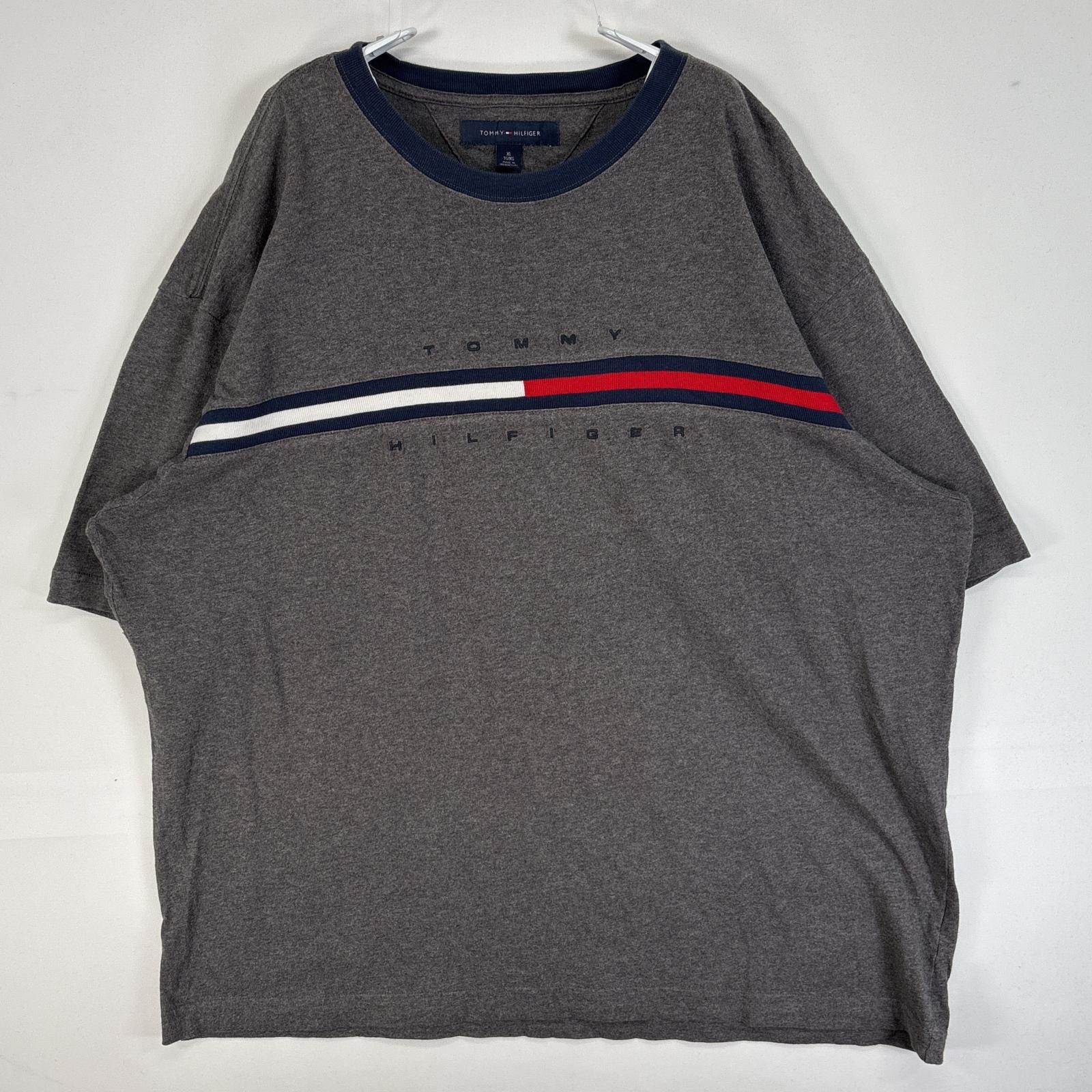 古着 トミーヒルフィガー TOMMY HILFIGER 半袖Tシャツ 襟切替 ロゴ デザイン 大きいサイズ 肉厚 XL  グレー系 ツートン メンズ