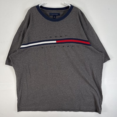 古着 トミーヒルフィガー TOMMY HILFIGER 半袖Tシャツ 襟切替 ロゴ デザイン 大きいサイズ 肉厚 XL グレー系 ツートン メンズ