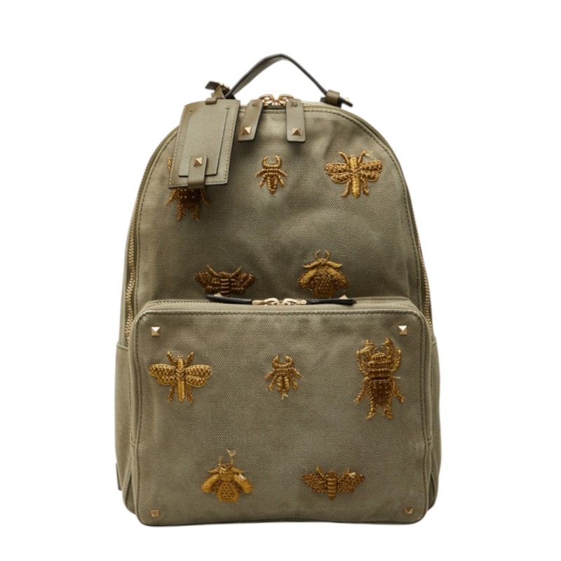 ヴァレンティノ ガラヴァーニ ロックスタッズ 虫 リュック バックパック デイパック カーキ キャンバス レディース VALENTINO 中古