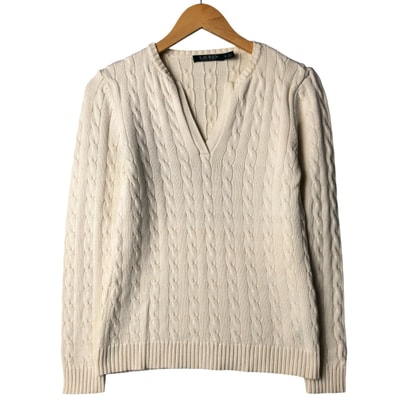 古着 ラルフローレン Ralph Lauren LAUREN ローレン スリットネック ケーブル編み コットンニットセーター レディースM相当/eaa572613