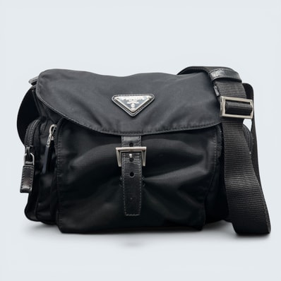 PRADA 美品 プラダ ポコノ トライングルロゴ サイドポケット ショルダーバッグ BT0501 テスート ナイロン レザー ブラック 三角プレート ロゴプレート クロスボディ メッセンジャーバッグ ABランク 鑑定済 中古 プラダバッグ