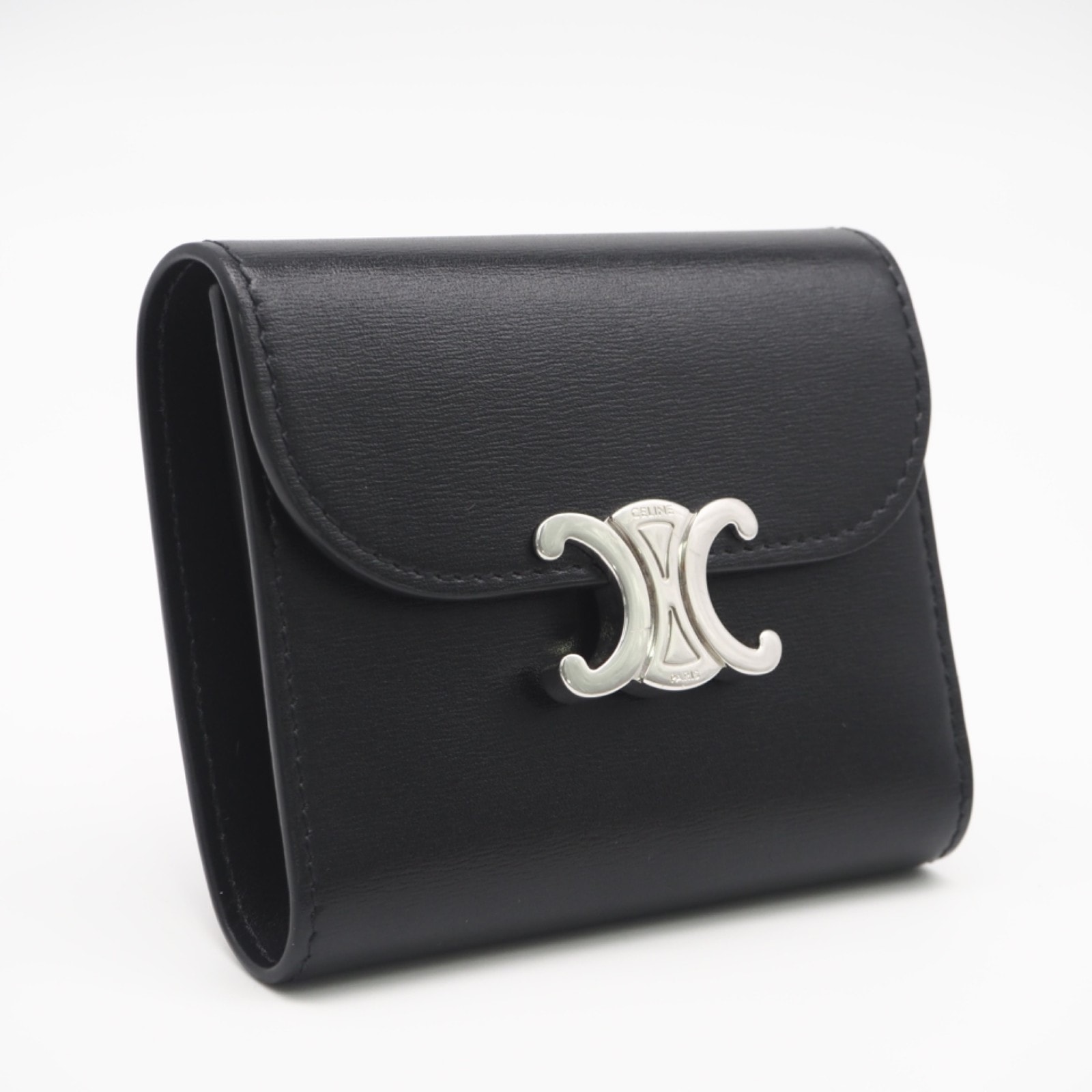 美品 CELINE セリーヌ トリオンフ スモール フラップウォレット 10D783 三つ折り財布 ブラック シルバー カーフレザー レディース
