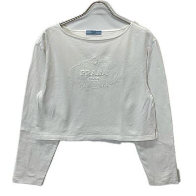 プラダ 34658 ホワイト ロゴ ボートネック 長袖Tシャツ XS