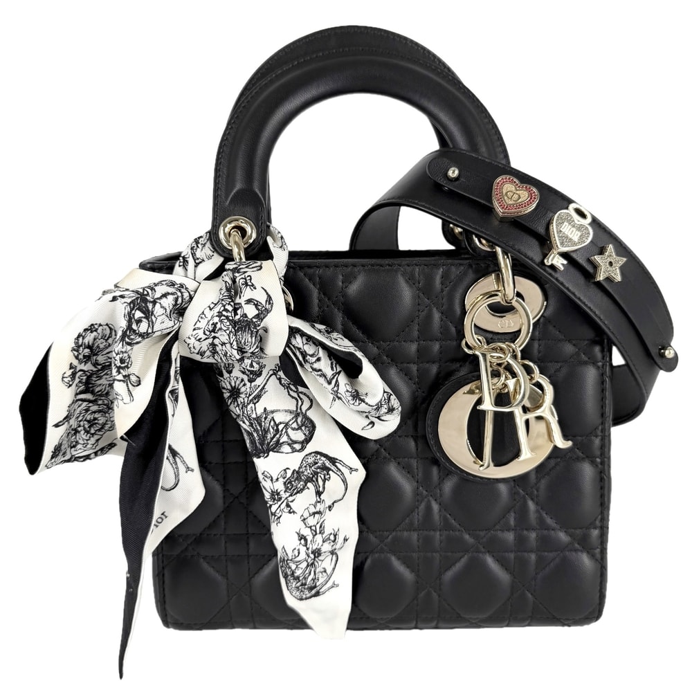Christian Dior クリスチャンディオール 2WAY カナージュ レディディオール スモール ハンドバッグ ショルダーバッグ 肩掛け 斜め掛け My ABCDior ミッツァ付き ラムスキン    ブラック 黒 ゴールド金具 レディース【中古品】