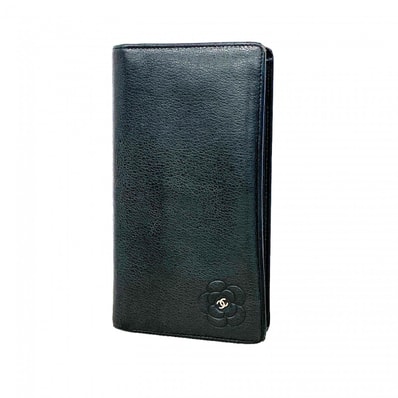 【6dc3252】シャネル 長財布 カメリア レザー ブラック シルバー金具【中古】レディース