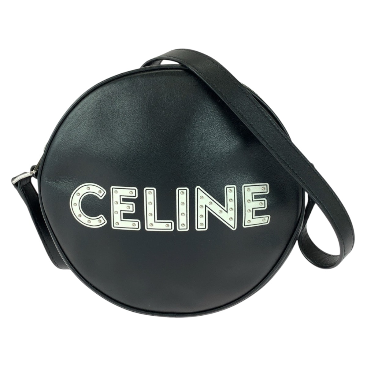 美品 CELINE セリーヌ ダンシングキッド ロゴスタッズ ブラック 黒 ホワイト シルバー金具 レザー ショルダーバッグ ポシェット 505462 【中古】