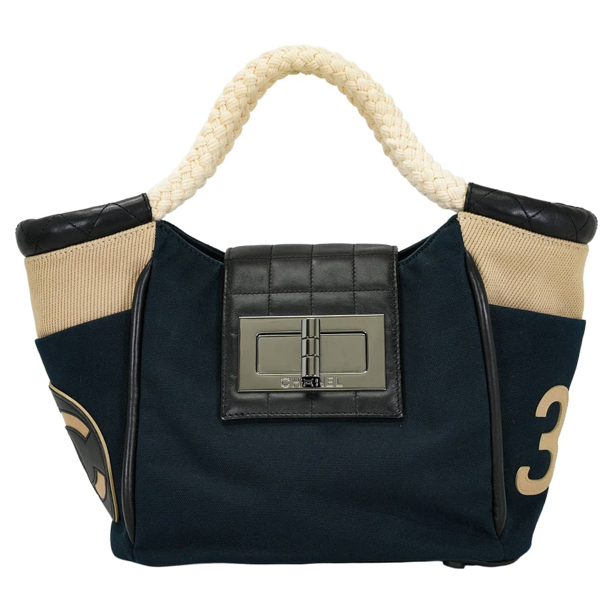 CHANEL シャネル ハンドバッグ チョコバー ロープハンドル ココマーク No.5 欠品 ネイビー/ベージュ/マルチカラー キャンバス シルバー金具 A28010 新品同様【中古】