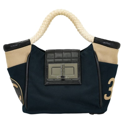 CHANEL シャネル ハンドバッグ チョコバー ロープハンドル ココマーク No.5 欠品 ネイビー/ベージュ/マルチカラー キャンバス シルバー金具 A28010 新品同様【中古】