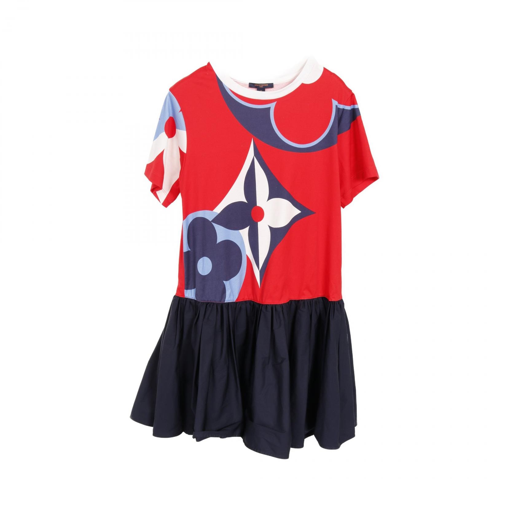 ルイ・ヴィトン LOUIS VUITTON ゲームオン アシンメトリカル ベイビードール ドレス ワンピース 衣料品 トップス コットン レッド レディース レッド系 / ネイビー系 / マルチカラー 【中古】