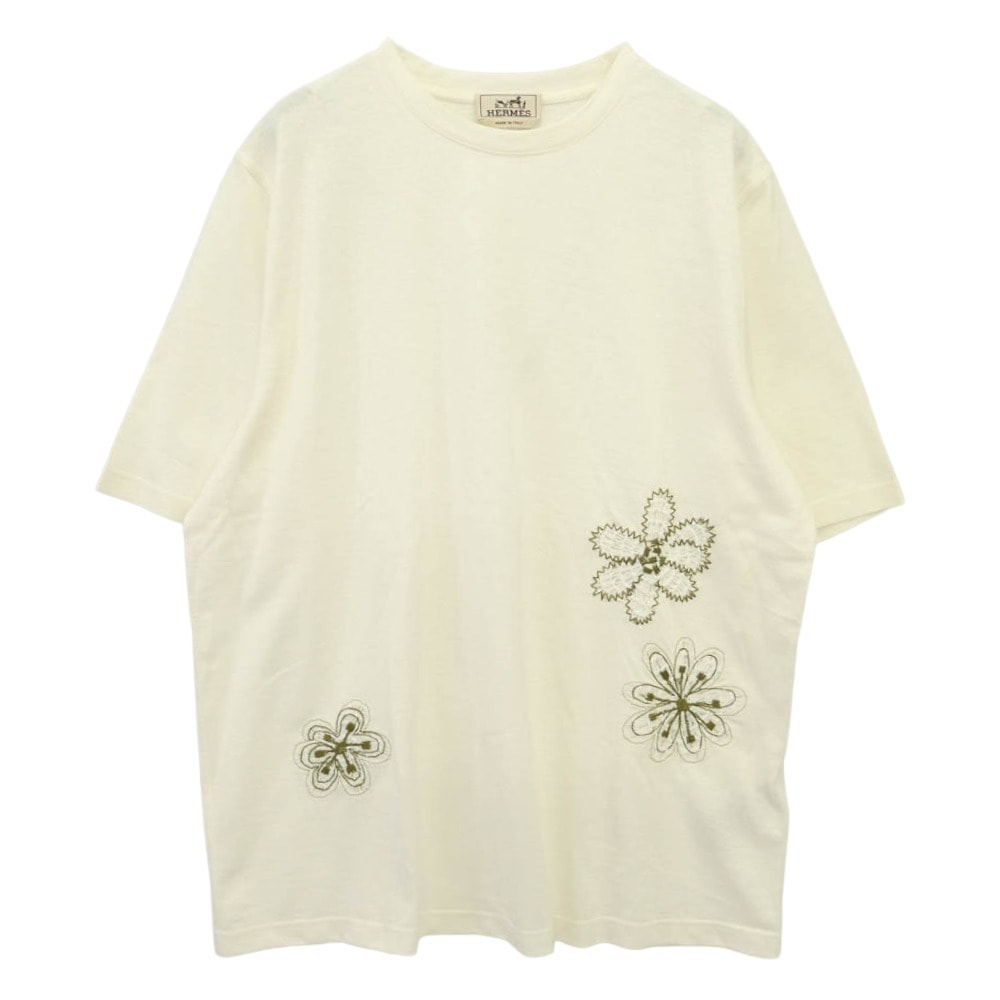 HERMES エルメス 557890HA イタリア製 フラワー刺繍 リネン 麻混 半袖 Tシャツ オフホワイト系 L【極上美品】【中古】